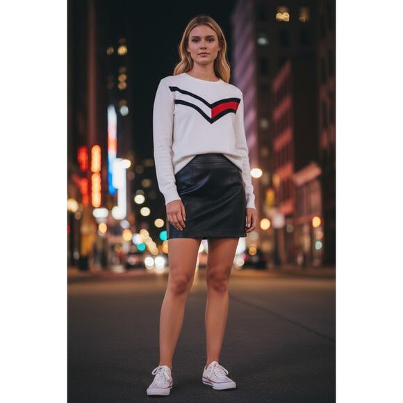 Tommy Hilfiger Ivy Retro Sweater White Red Black XL Women’s Pullover NWT - Picture 1 of 10